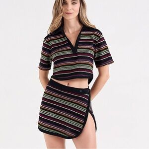 NWT OneOne Swimwear Co-ord SET Skirt Crop Top Knit Crochet Fabric Black New